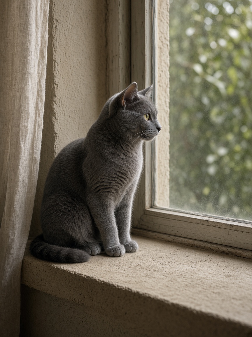 A grey cat sitting on a deep windowsill, looking out.