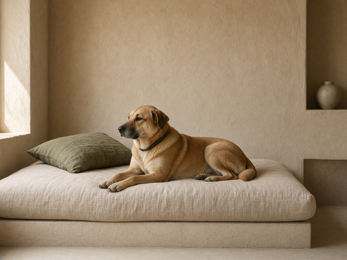 A tan dog lying on a low linen daybed in a sand-coloured room.