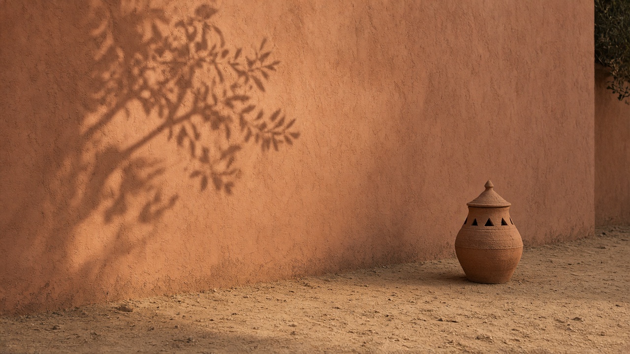 A terracotta wall at dusk, with the shadow of a branch and an unlettered clay jar.