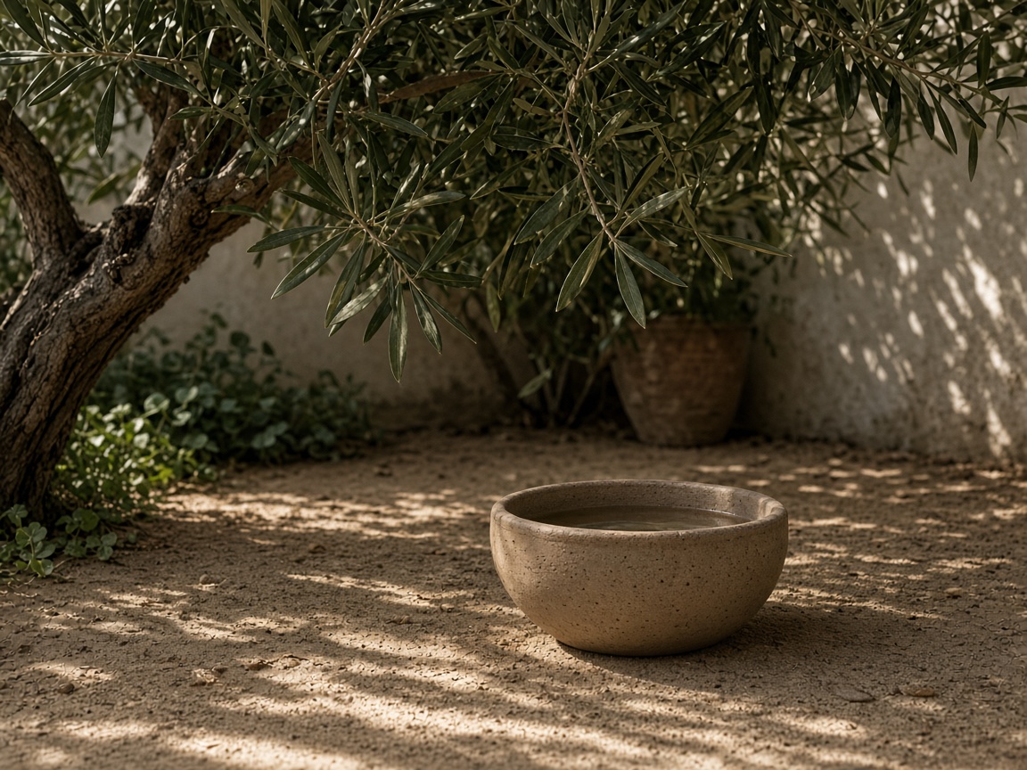 A water bowl in the shade of an olive tree.