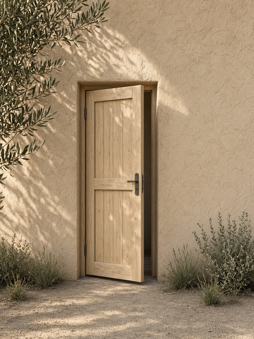 A plain wooden door, slightly open, in a sand wall, with no sign on it.