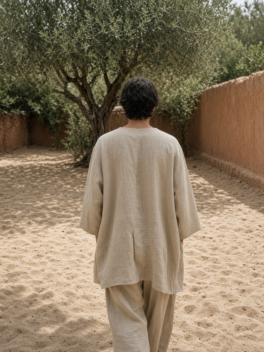 A person in a linen tunic, seen from behind, walking toward an olive tree.