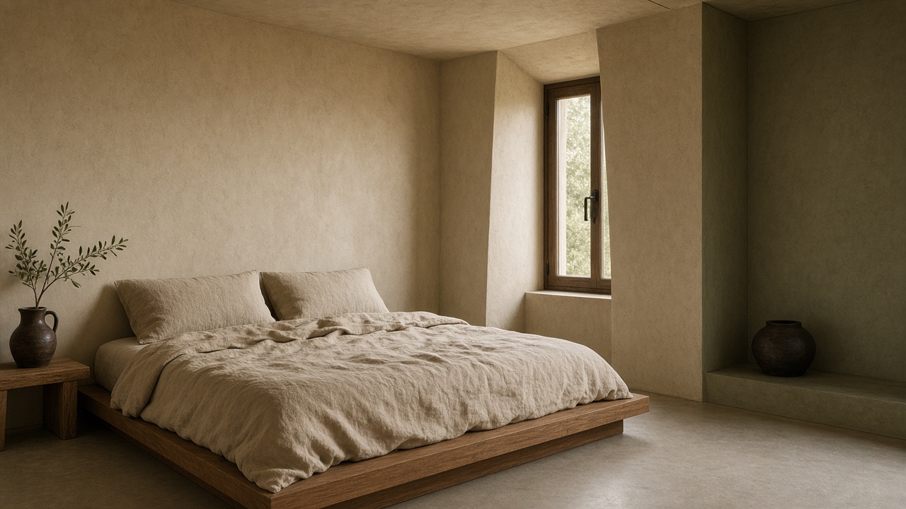 A low wooden bed with sand linen in a quiet plaster room.
