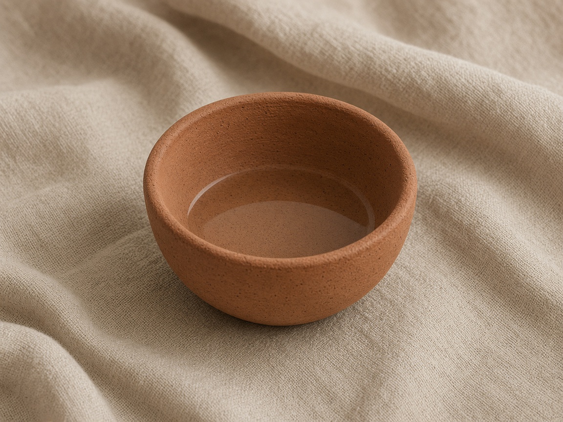 A terracotta bowl of water on sand linen.